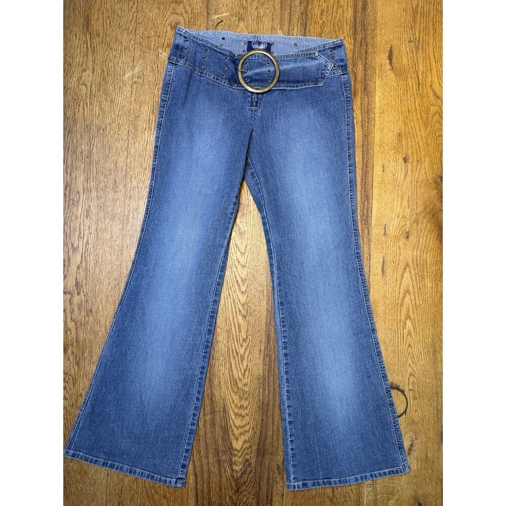 Angels Y2K Flare Jeans Wide Leg Grommet Belt Big Buckle Size 32"
